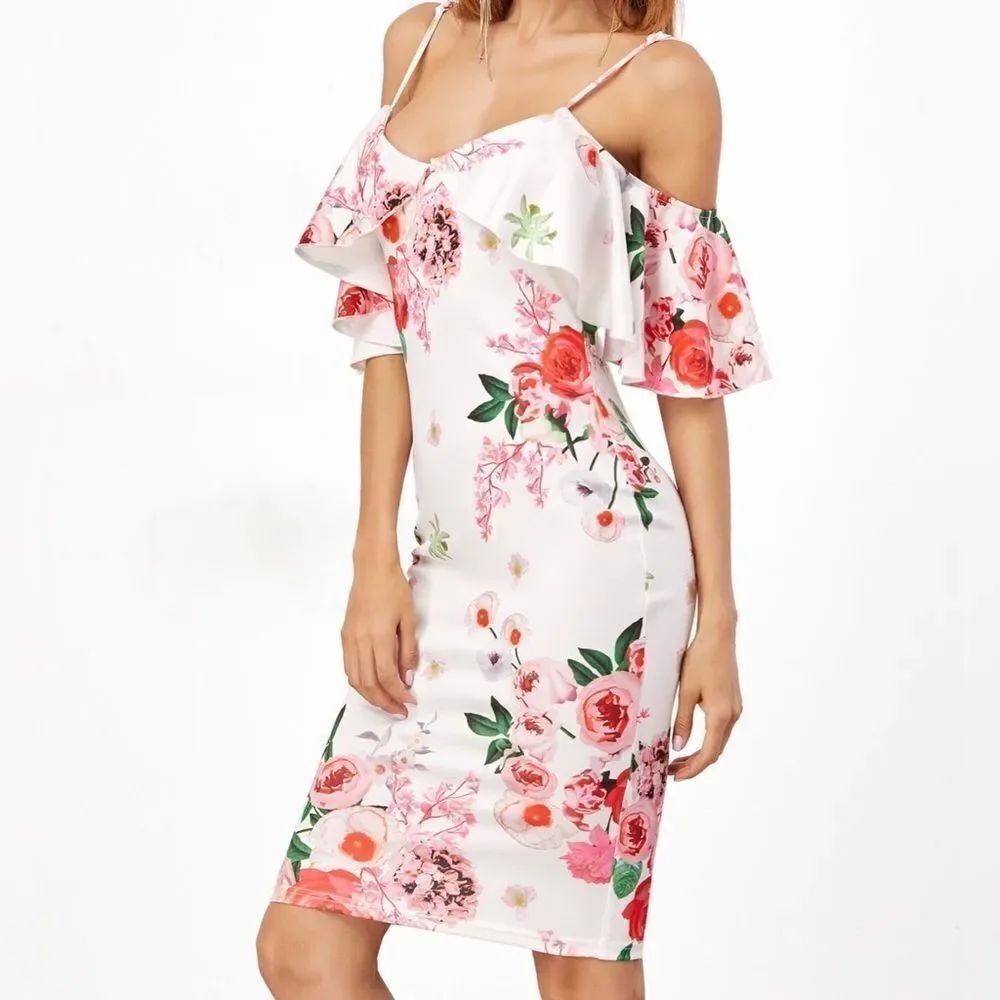 ✨2xHP✨Open Shoulder Rose Print Frill Dress✨ - Picture 4 of 6
